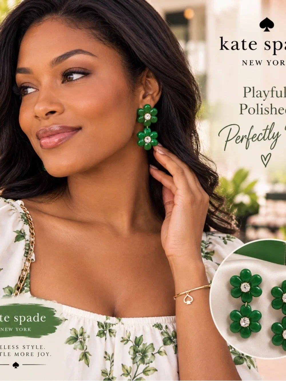 kate spade green flower drop earrings with crystal centers